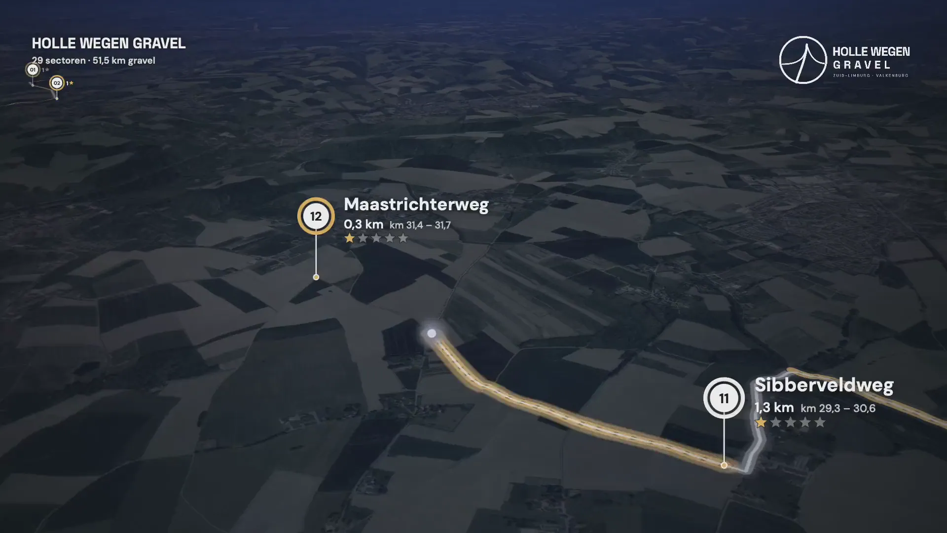 3D-flyover langs de sectoren van Holle Wegen Gravel, in de stijl Nacht