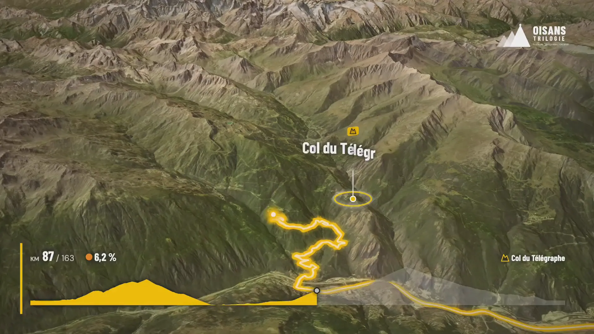3D-flyover van de Oisans Trilogie over de Col du Glandon, de Télégraphe en de Galibier.